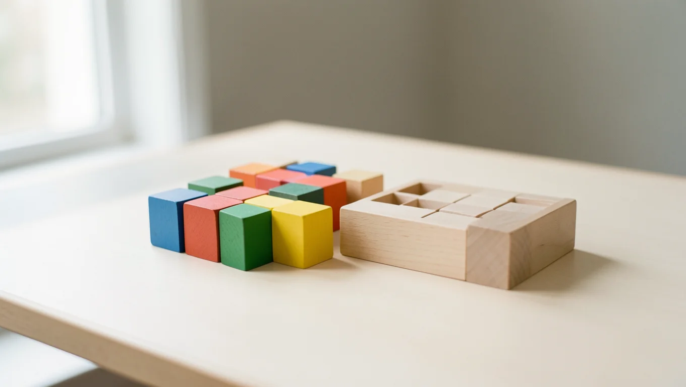 Cubes en bois colorés et puzzle simple posés sur une table claire
