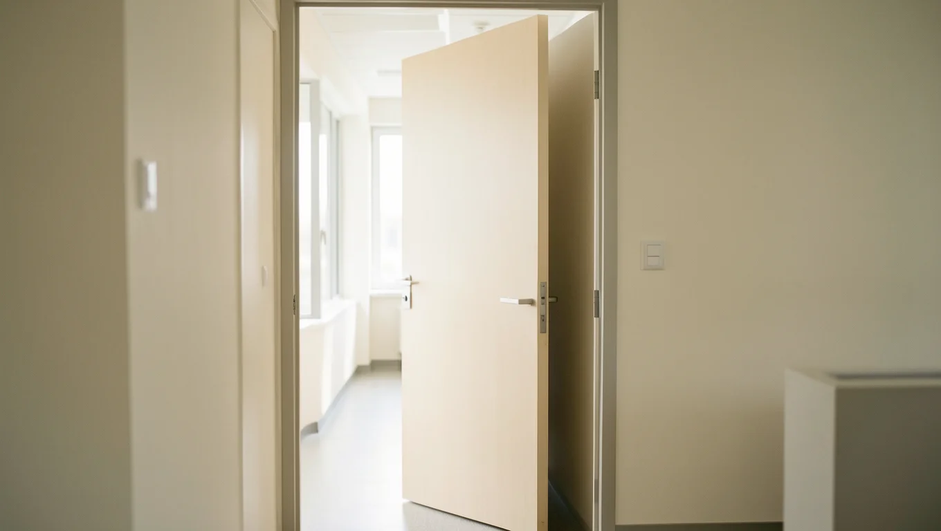 Porte de cabinet entrouverte donnant sur un couloir lumineux