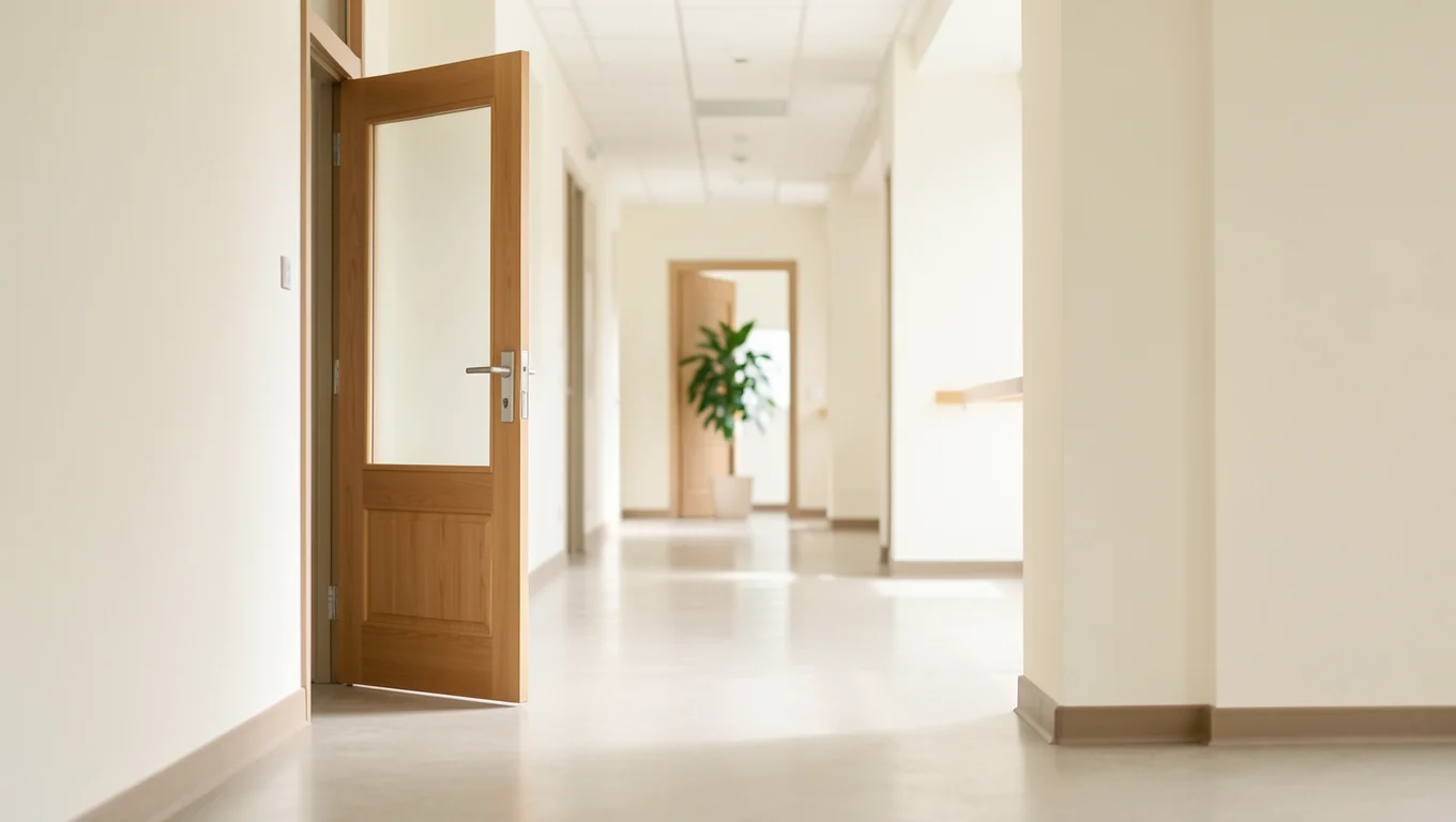 Couloir lumineux et porte en bois entrouverte