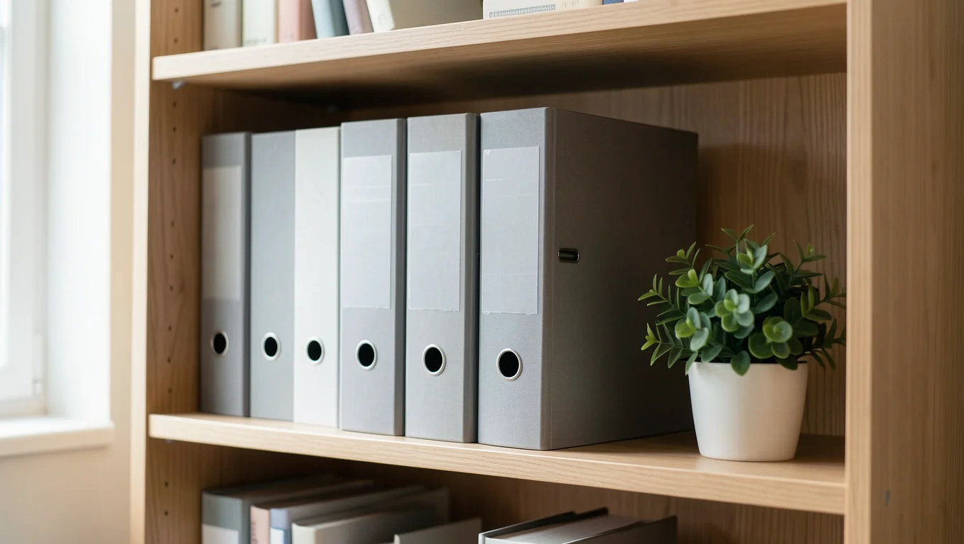 Étagère de classeurs fermés et plante verte dans un bureau calme