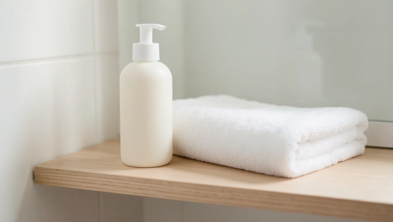 Flacon de crème hydratante et serviette pliée sur une étagère de salle de bain