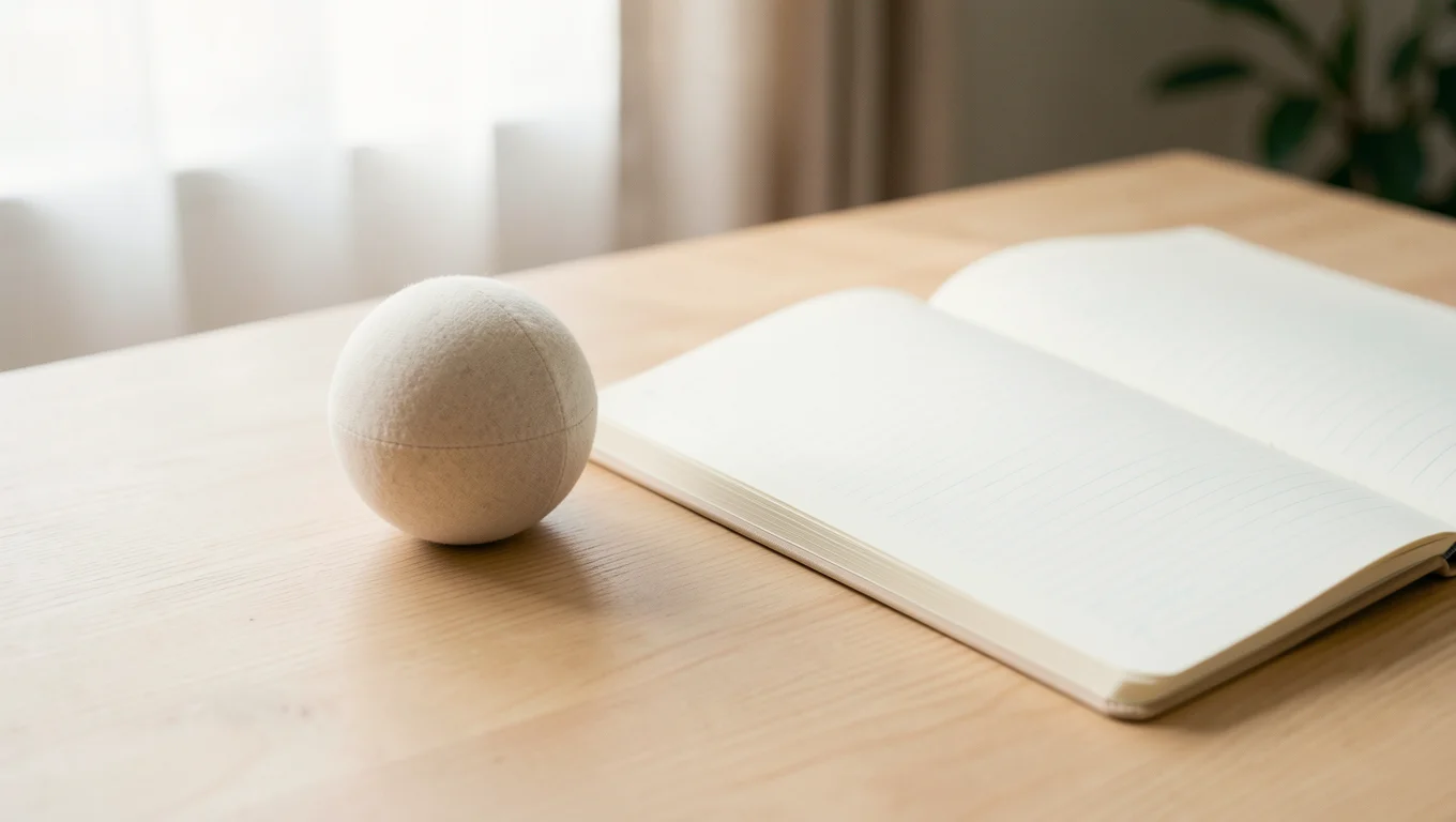 Balle antistress et carnet ouvert posés sur une table en bois clair