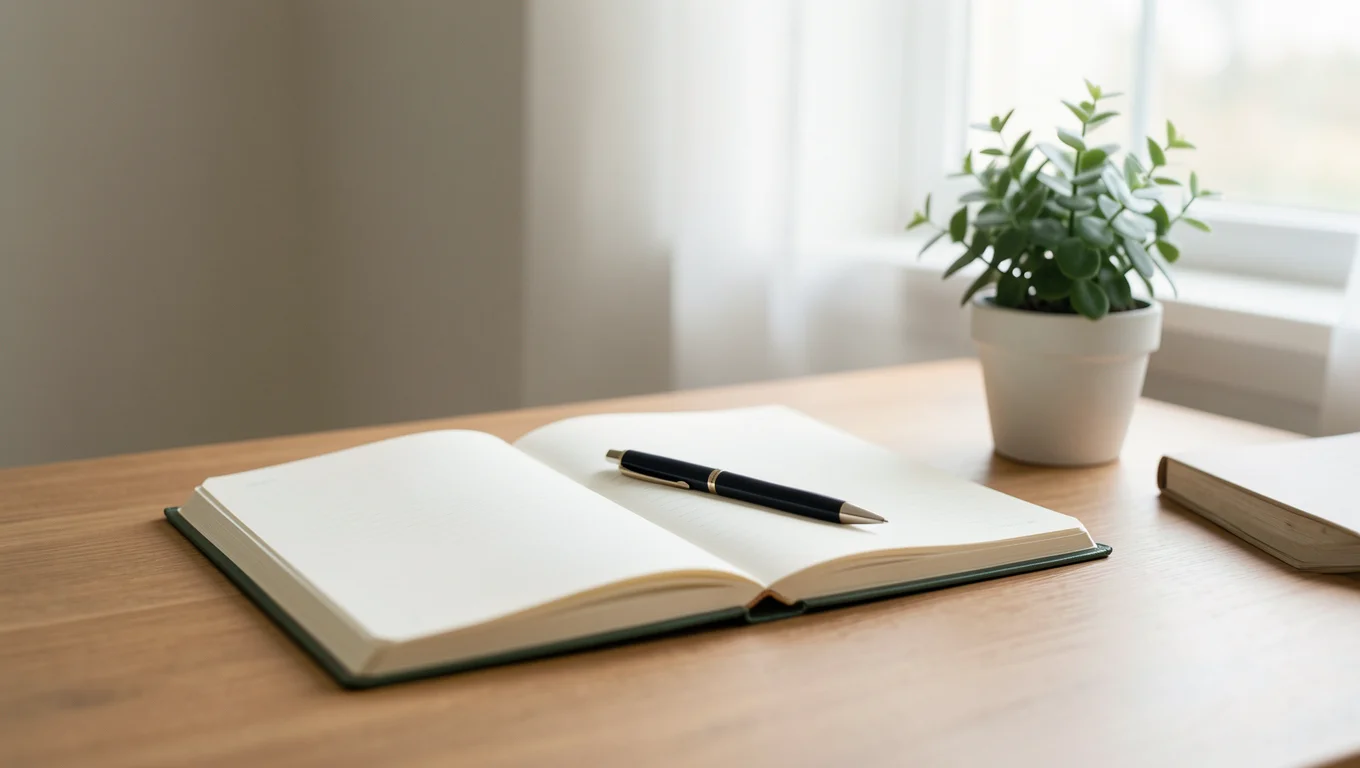Carnet ouvert, stylo et petite plante sur un bureau calme