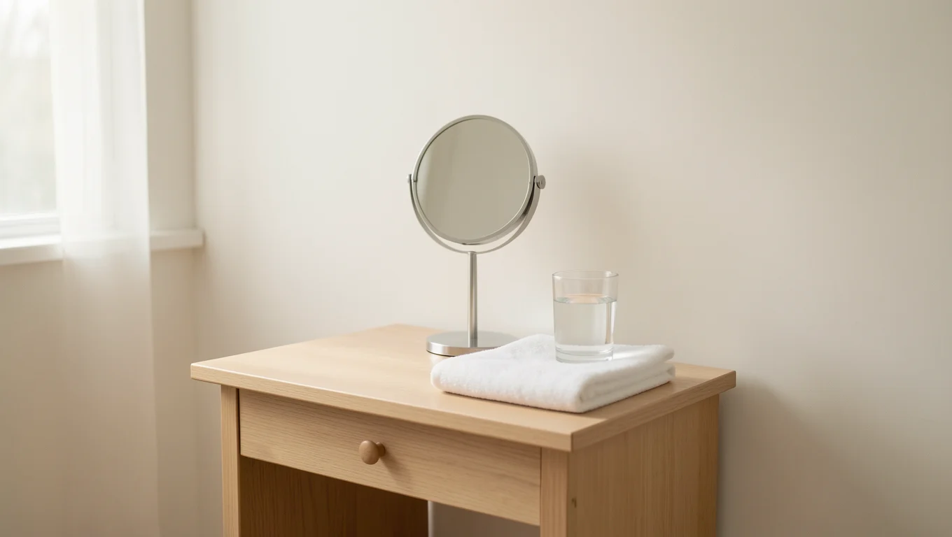 Lavabo et miroir rond dans une salle de bain calme et lumineuse