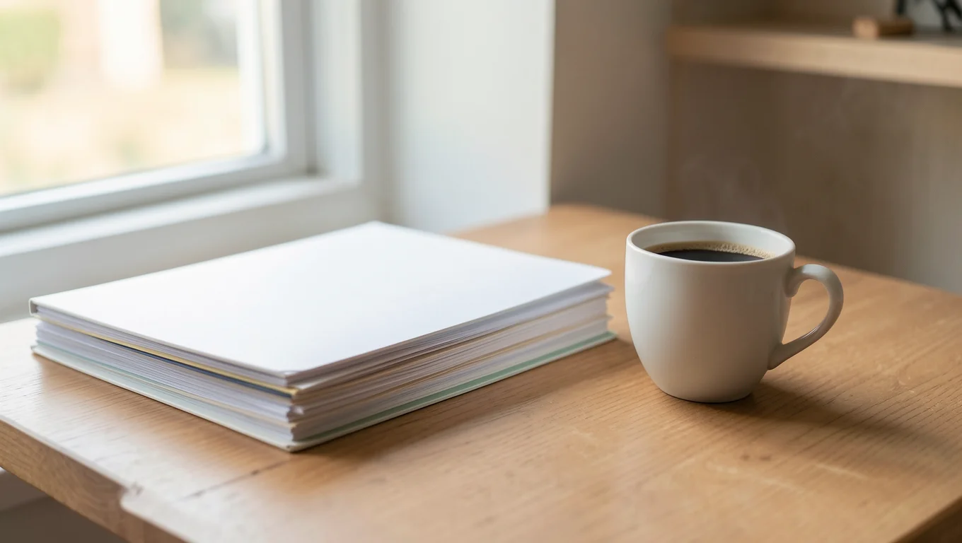 Pile de dossiers et tasse de café refroidie sur un bureau près d'une fenêtre
