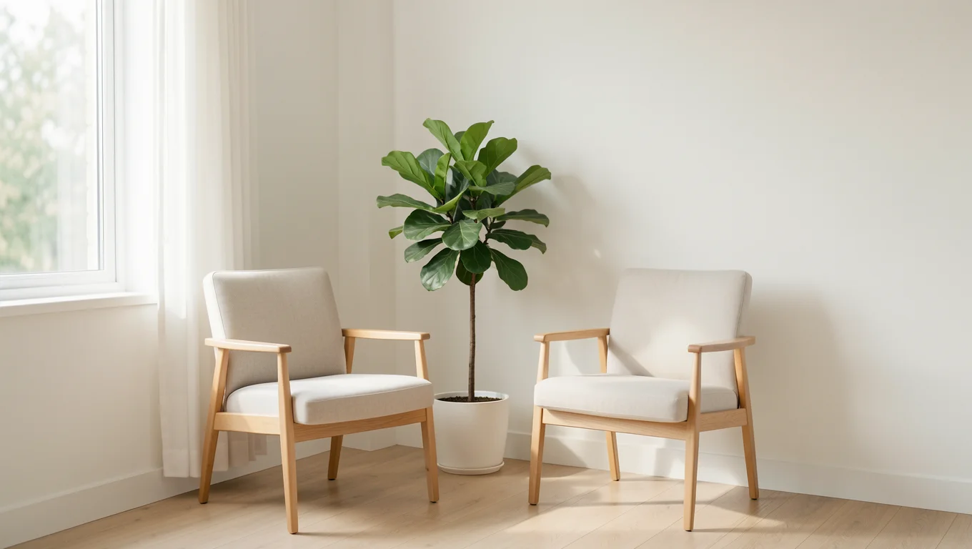 Salle d'attente lumineuse avec deux chaises et une plante verte