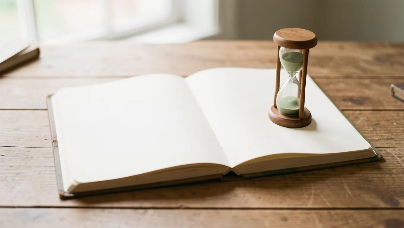 Agenda ouvert à une page vierge et sablier posés sur un bureau