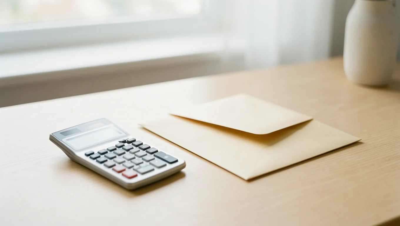 Calculatrice et enveloppe fermée posées sur un bureau clair