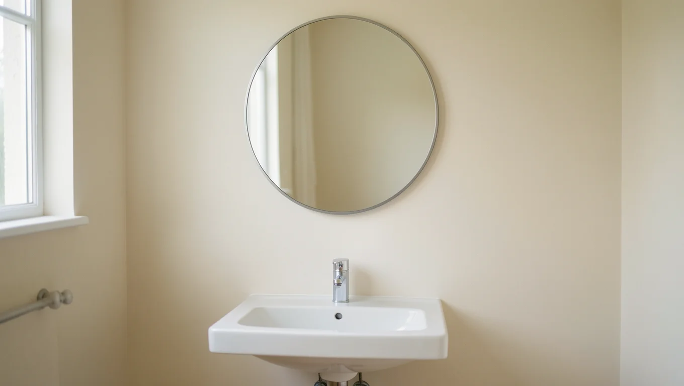 Miroir rond sur un mur clair au-dessus d'un lavabo vide