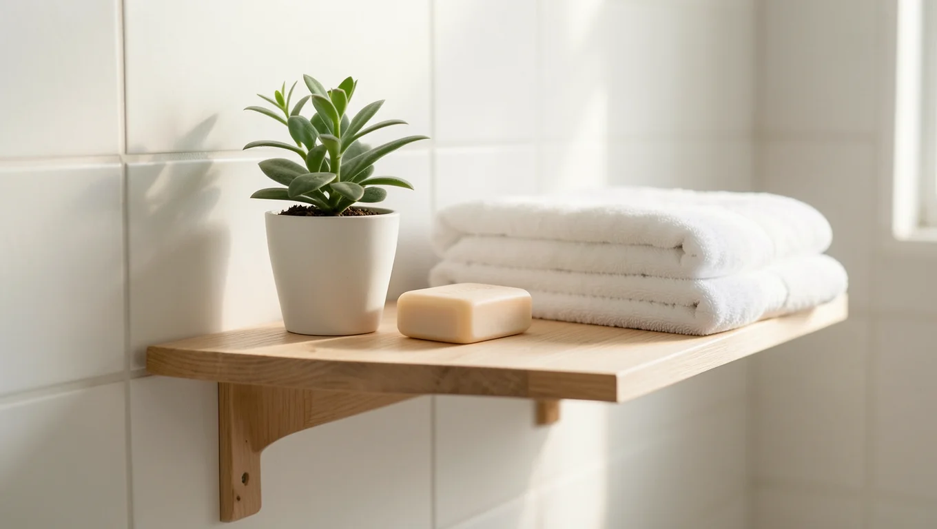 Étagère de salle de bain avec plante, savon et serviette pliée