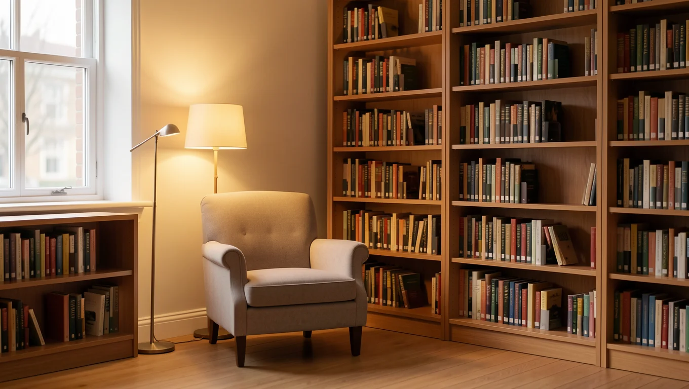 Coin lecture avec fauteuil et lampe dans une bibliothèque calme