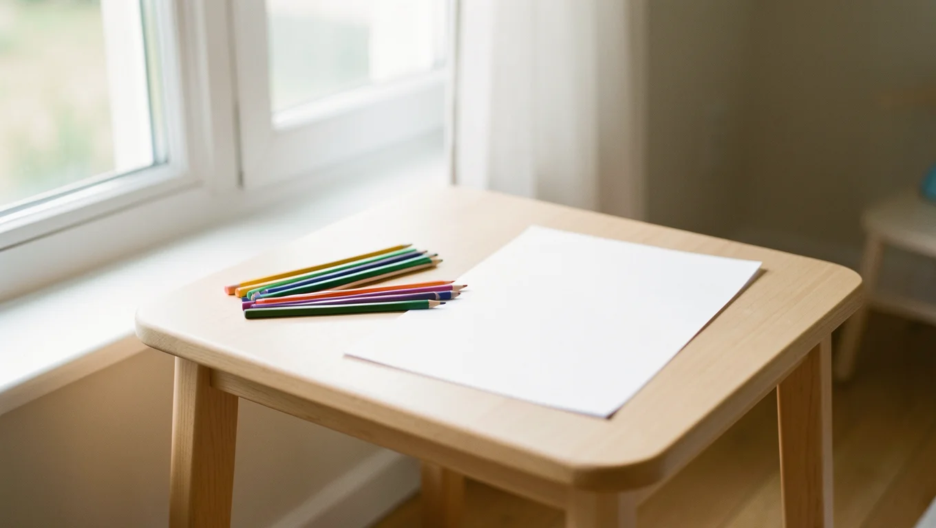 Petite table d'enfant avec crayons de couleur et feuilles blanches près d'une fenêtre