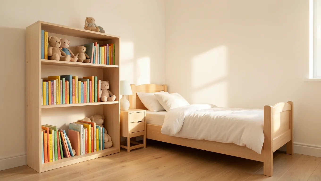Chambre d'enfant lumineuse avec livres colorés et peluches
