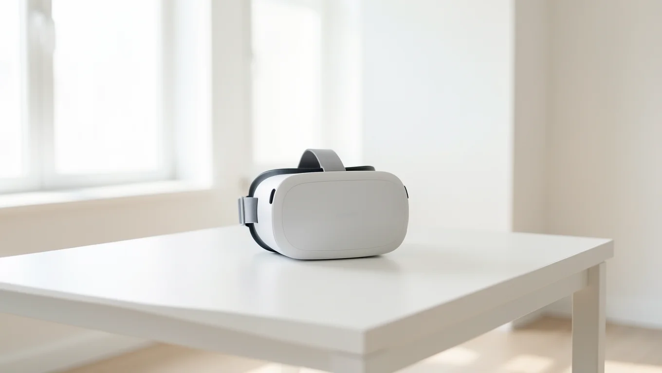 Casque de réalité virtuelle posé sur une table blanche dans une pièce lumineuse
