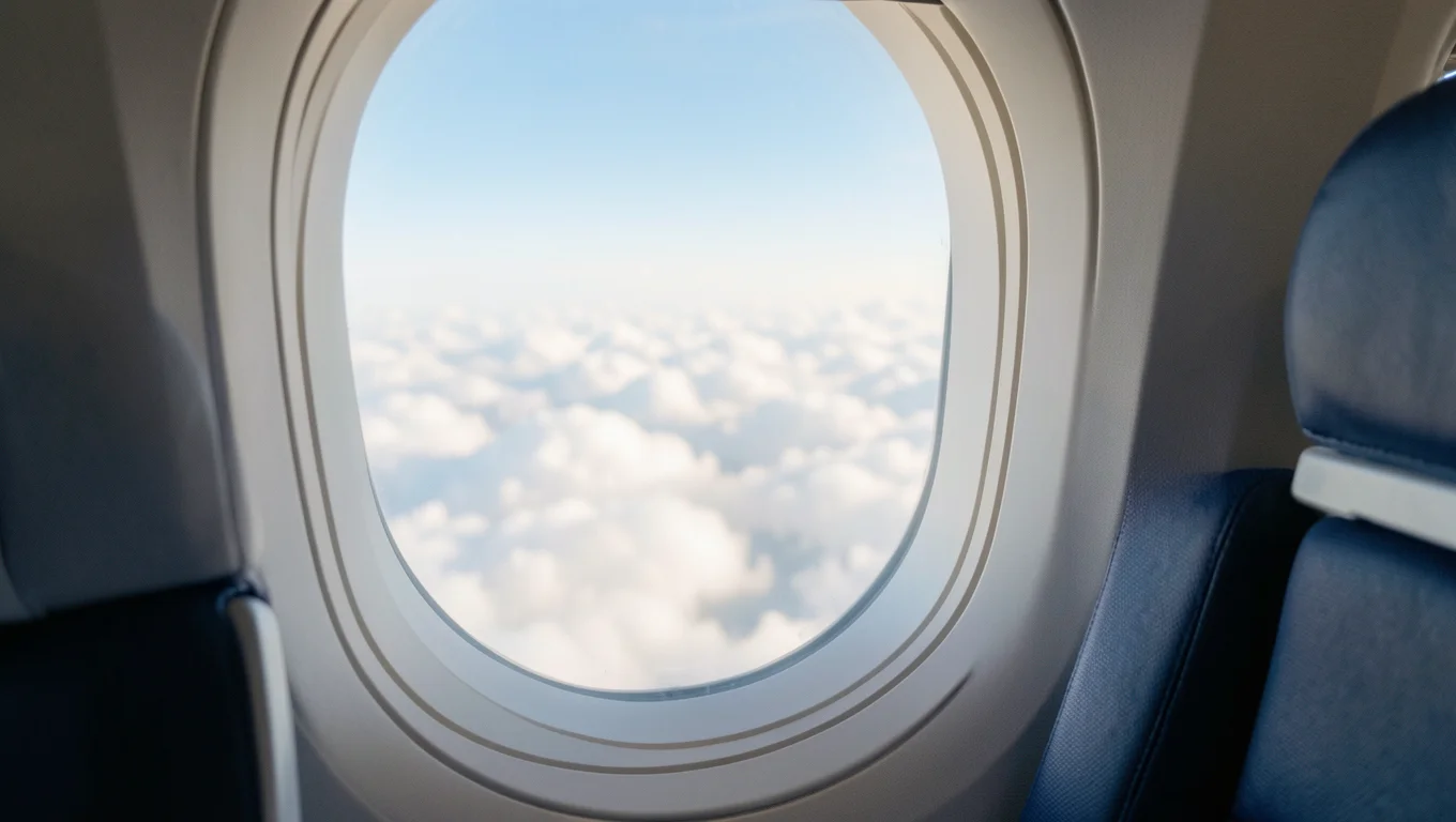 Vue d'un hublot d'avion au-dessus des nuages