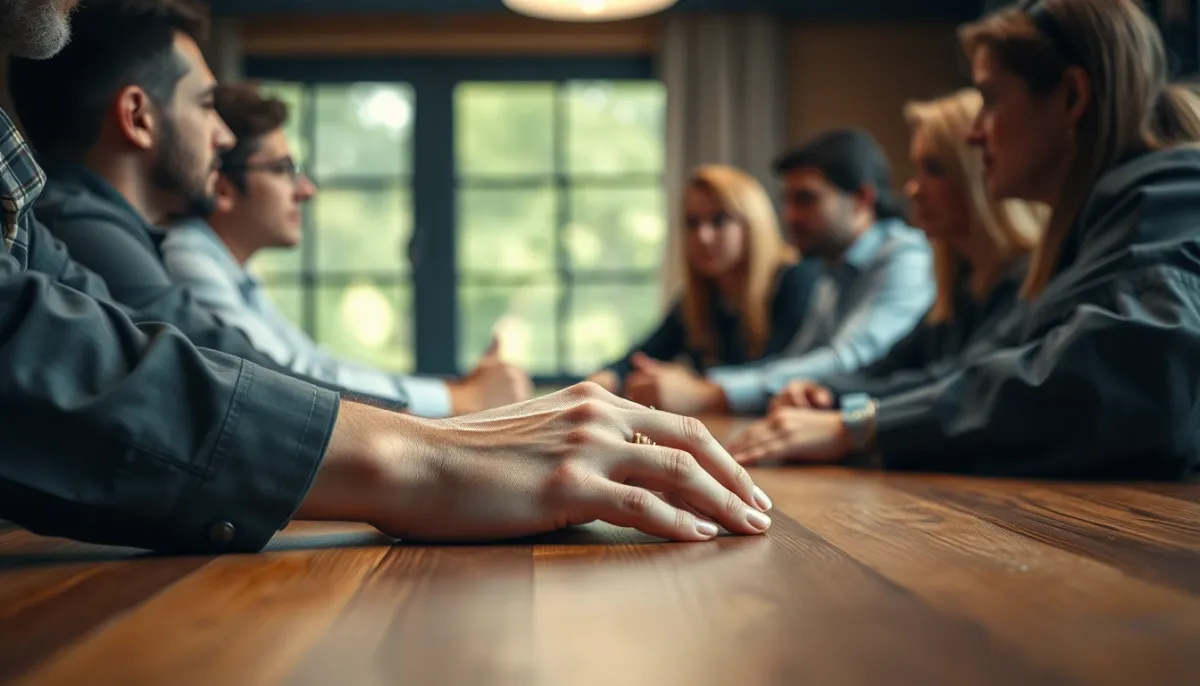 Gros plan sur des mains posées sur une table en bois lors d'une réunion de groupe de parole