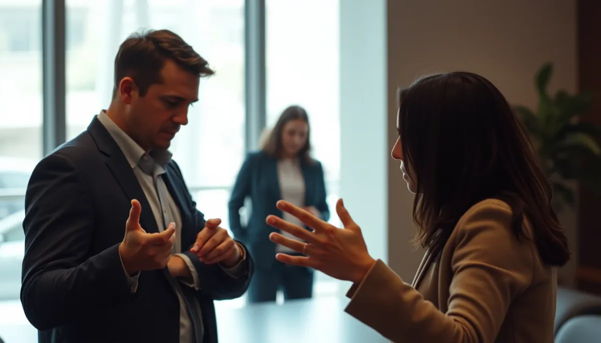 Deux personnes dans une conversation tendue, illustrant la dynamique de pouvoir dans une relation manipulatrice
