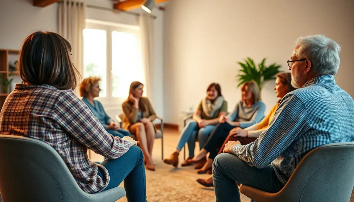 Groupe de soutien avec des personnes assises en cercle, évoquant l'écoute et la solidarité