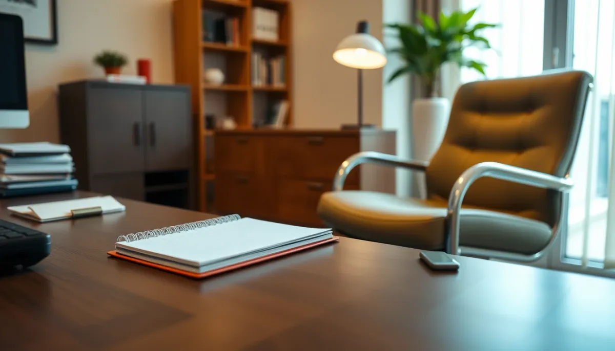 Cabinet de psychologue avec fauteuil confortable et carnet sur un bureau, évoquant un espace de consultation sécurisant