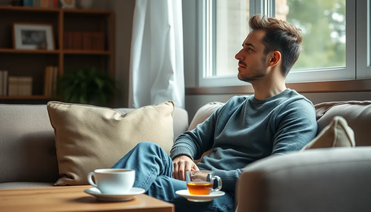 Personne assise près d'une fenêtre, dans une attitude pensive, illustrant les signes de souffrance psychique