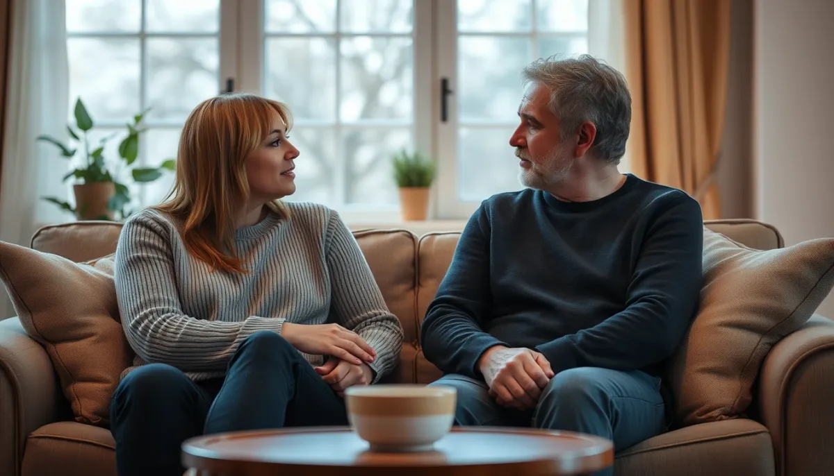 Couple assis sur un canapé en train de discuter sérieusement dans un salon confortable, illustrant la communication dans le couple face à l'éjaculation précoce