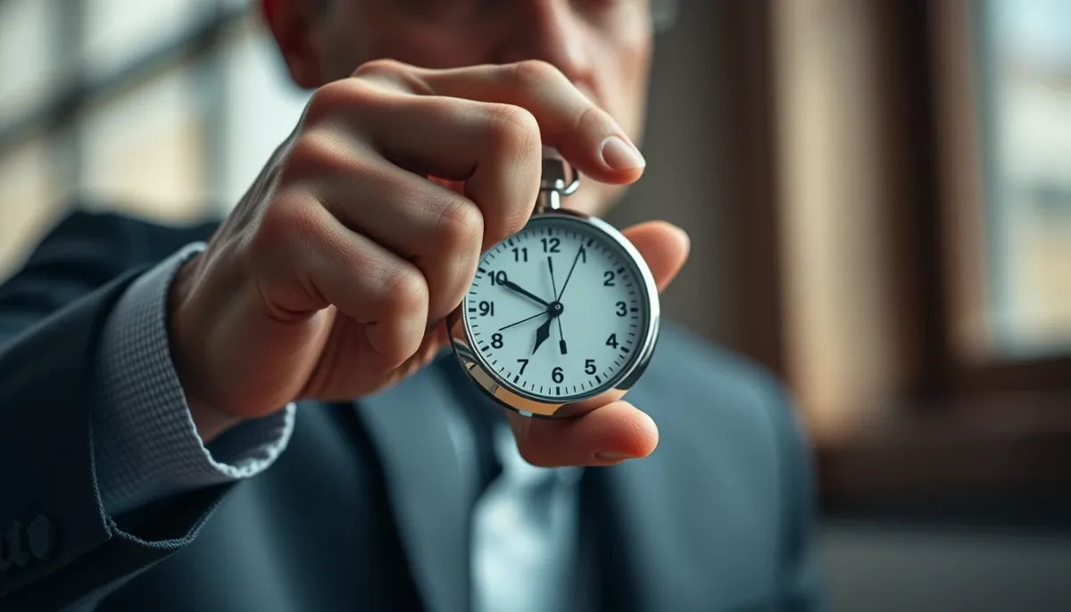 Gros plan sur les mains d'un homme tenant un chronomètre, symbolisant la mesure du délai éjaculatoire et la prise de conscience du trouble