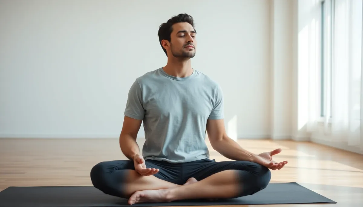 Homme en train de méditer ou de se relaxer dans une pièce lumineuse, illustrant les techniques de gestion du stress et de l'anxiété de performance