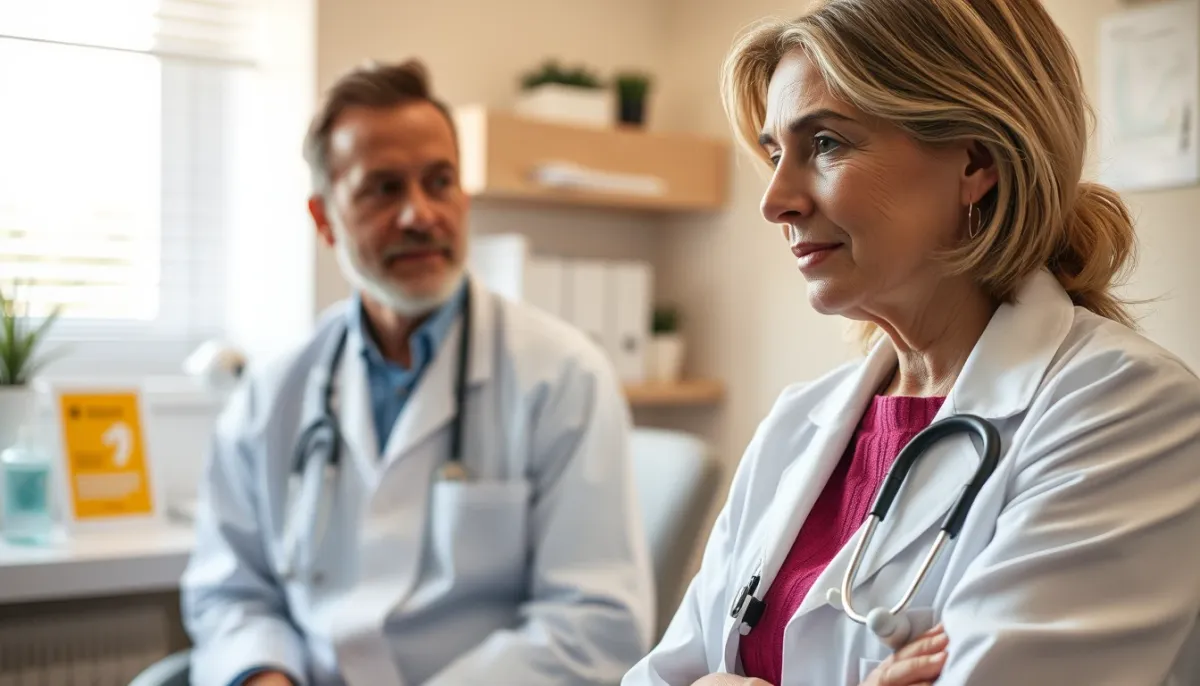 Consultation chez un sexologue ou un médecin dans un cabinet lumineux, montrant l'écoute et la prise en charge bienveillante de l'éjaculation précoce