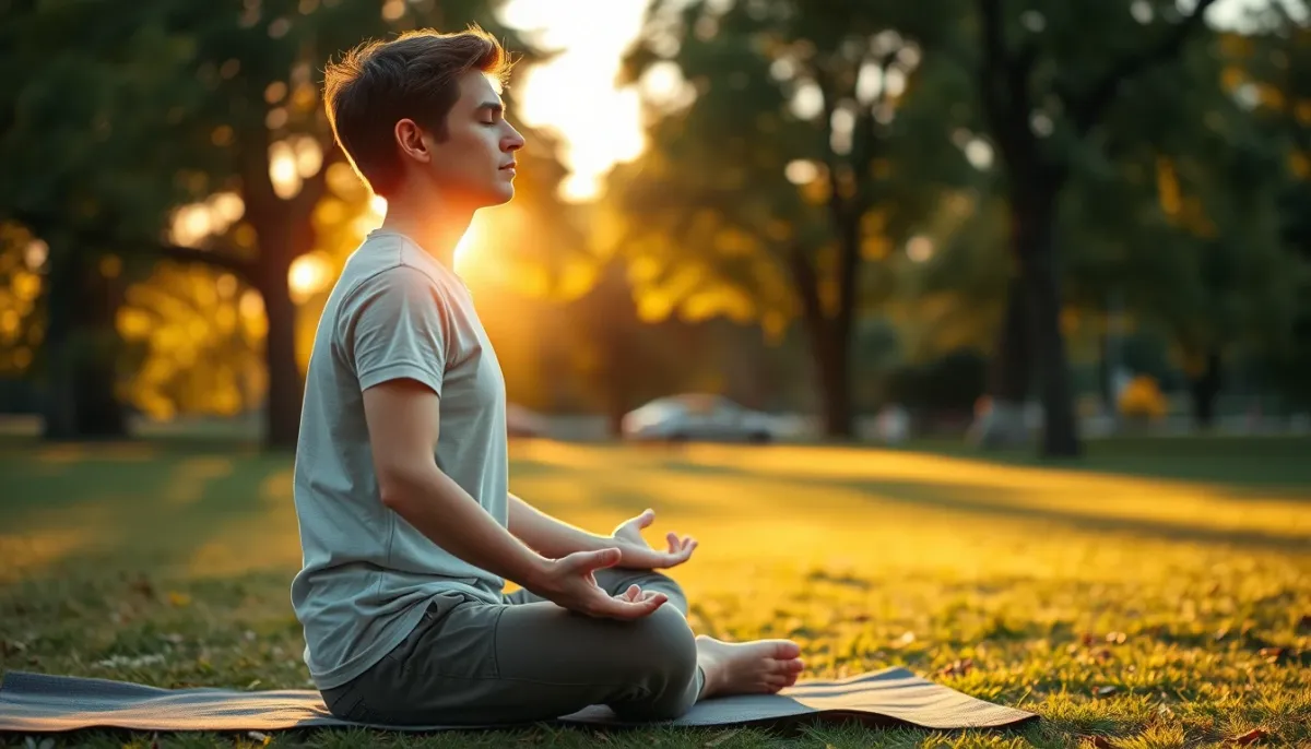 Personne méditant en pleine conscience dans un parc, illustrant les pratiques de psychiatrie positive