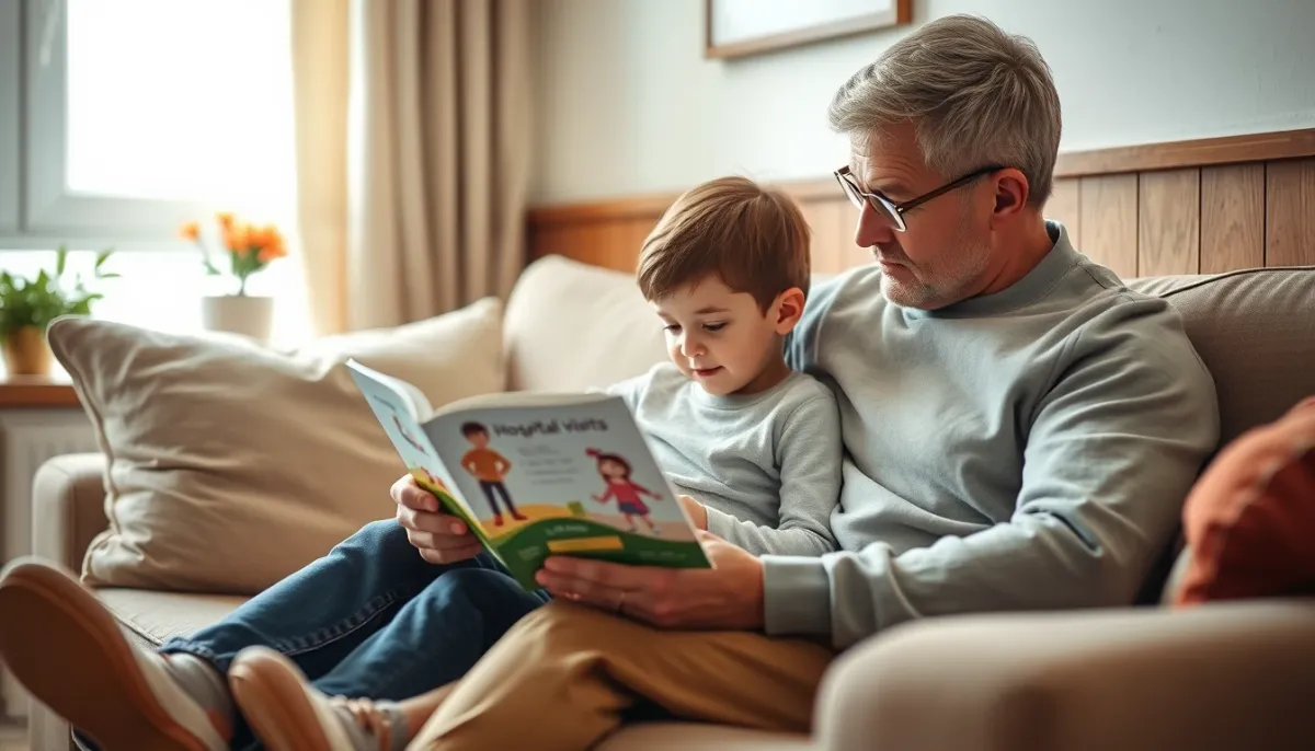 Parent et enfant lisant ensemble un livre sur l'hôpital