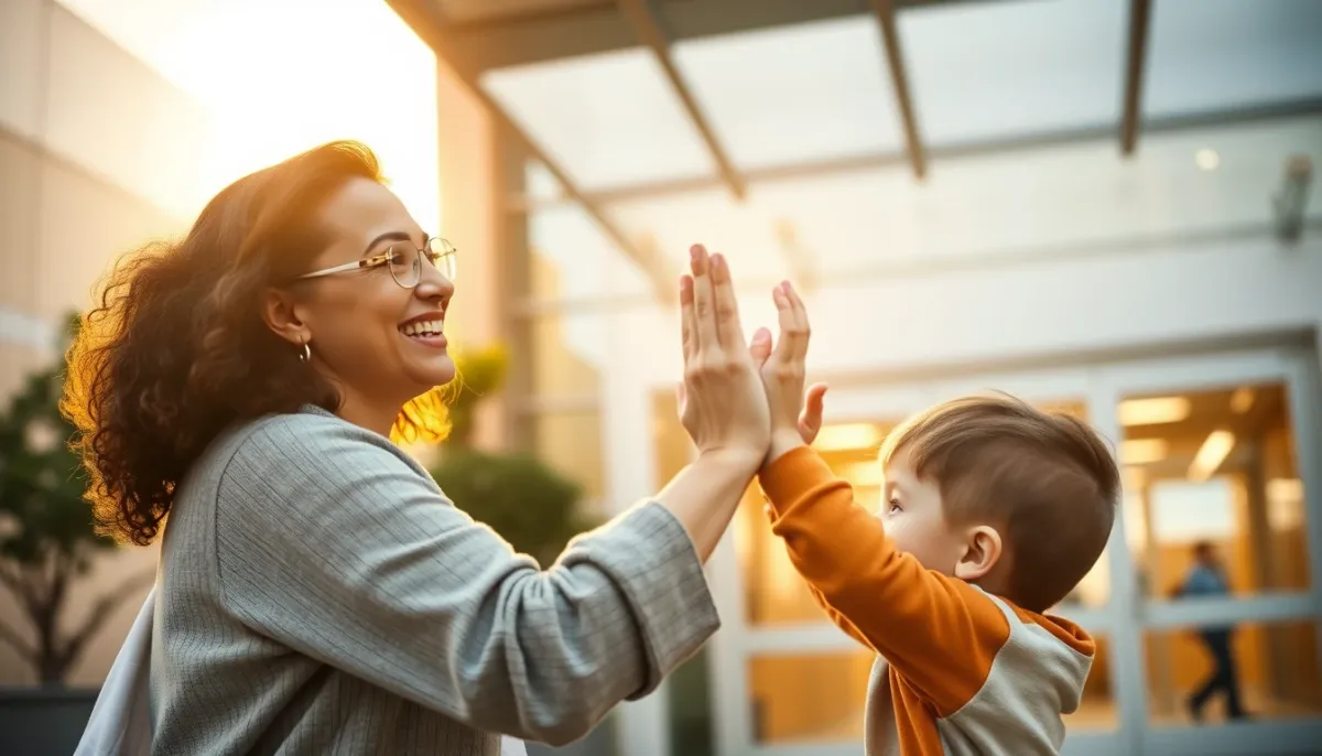 Parent et enfant se félicitant après un soin médical