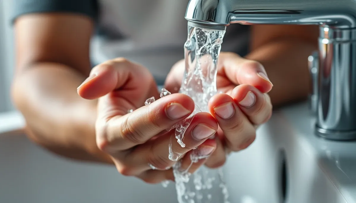Gros plan sur des mains en train de se laver de manière répétée sous un robinet, illustrant une compulsion de lavage