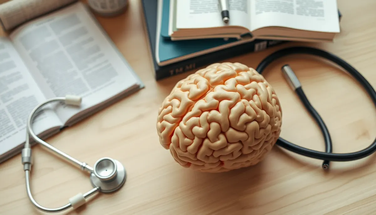 Modèle de cerveau humain posé sur un bureau avec des livres scientifiques et un stéthoscope, évoquant les causes neurobiologiques du TOC