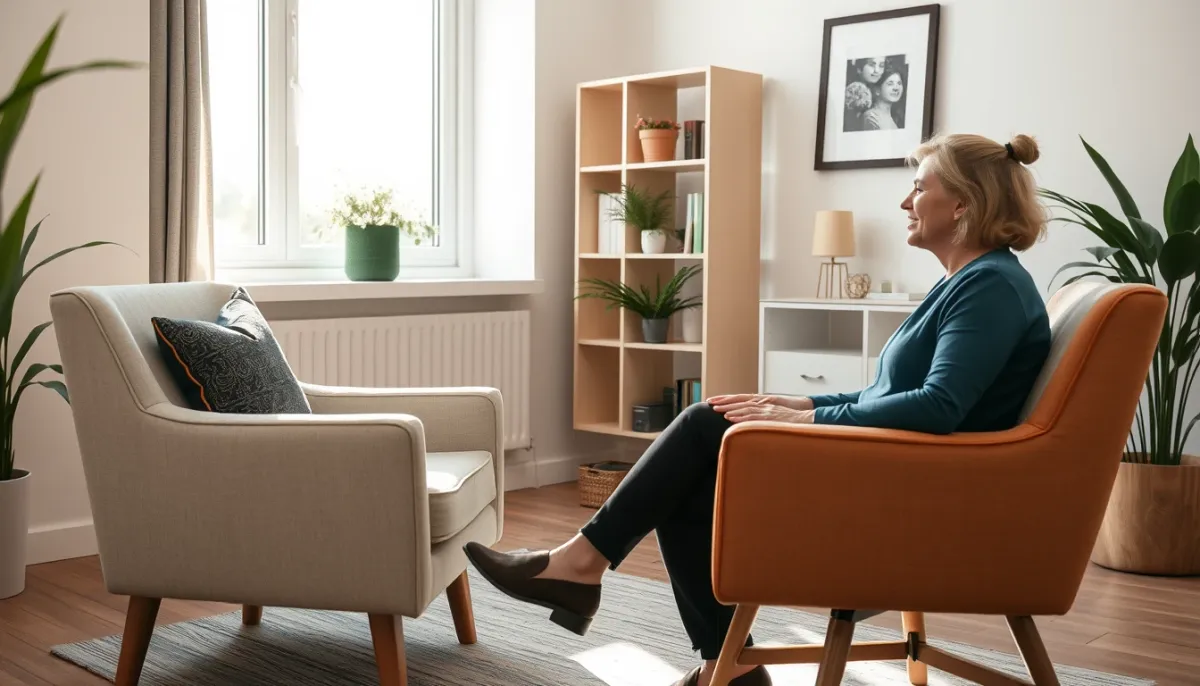Séance de thérapie cognitivo-comportementale dans un cabinet lumineux, avec un thérapeute et un patient assis face à face