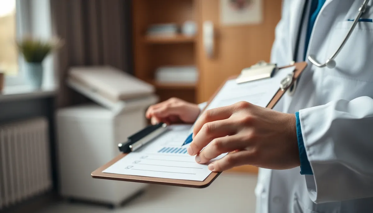 Main d'un médecin tenant une planche à clip avec une liste de contrôle, dans un cabinet médical, symbolisant la consultation
